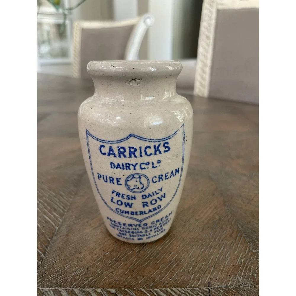 Antique Stoneware Cream Jar Pot Carricks Cumberland Dairy Co England 4.25